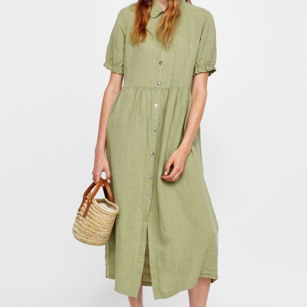 Zara Olive 100% Linen Dress